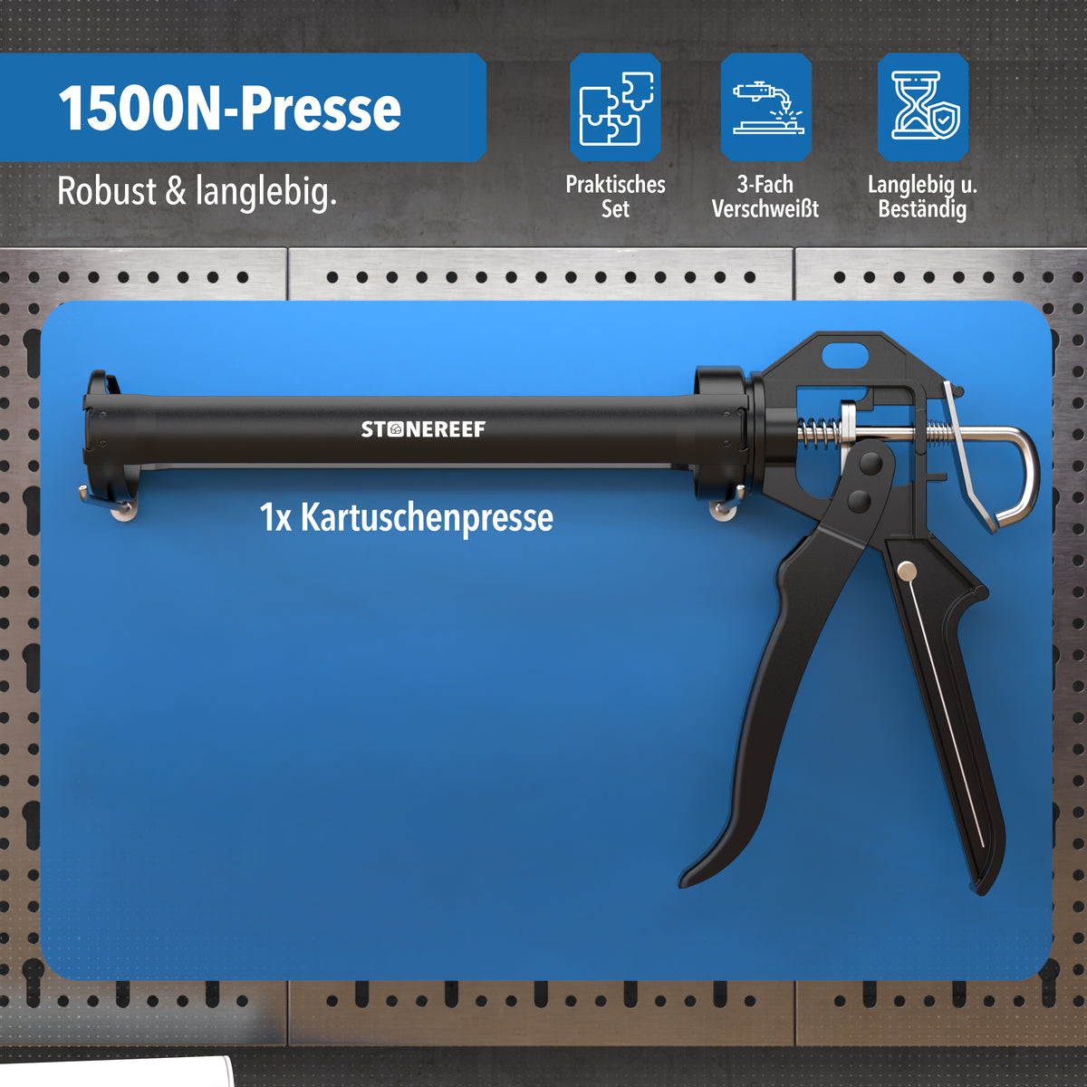 Kartuschenpresse mit Kraftangabe 1500N auf Werkbank-Hintergrund, Lieferumfang 1x Kartuschenpresse