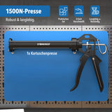 Kartuschenpresse mit Kraftangabe 1500N auf Werkbank-Hintergrund, Lieferumfang 1x Kartuschenpresse