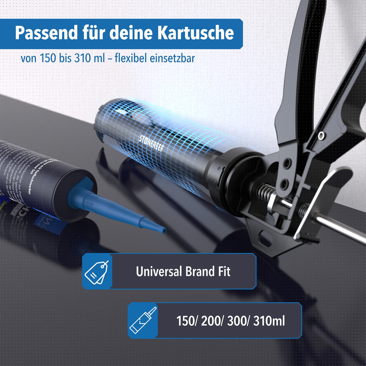 Infografik: Kartuschenpresse passend für Kartuschen von 150 bis 310 ml, universell einsetzbar