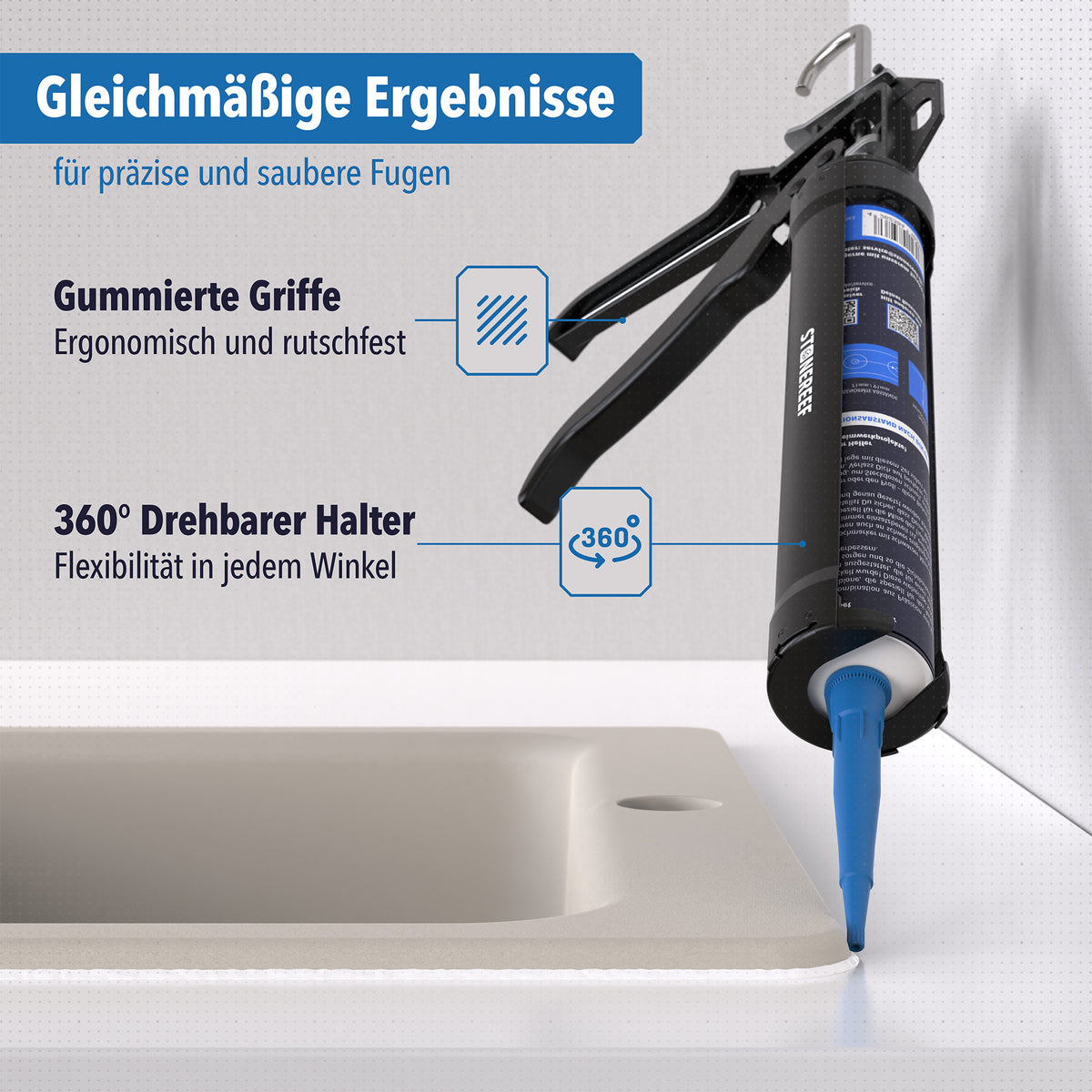 Kartuschenpresse mit Silikonkartusche beim Auftragen von Silikon an einer Spüle, Details zu gummierten Griffen und drehbarem Halter