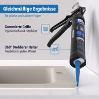 Kartuschenpresse mit Silikonkartusche beim Auftragen von Silikon an einer Spüle, Details zu gummierten Griffen und drehbarem Halter