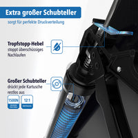 Nahaufnahme von Schubteller und Tropfstopp-Hebel der Kartuschenpresse mit Kraftangaben 1500N und Übersetzung 12:1