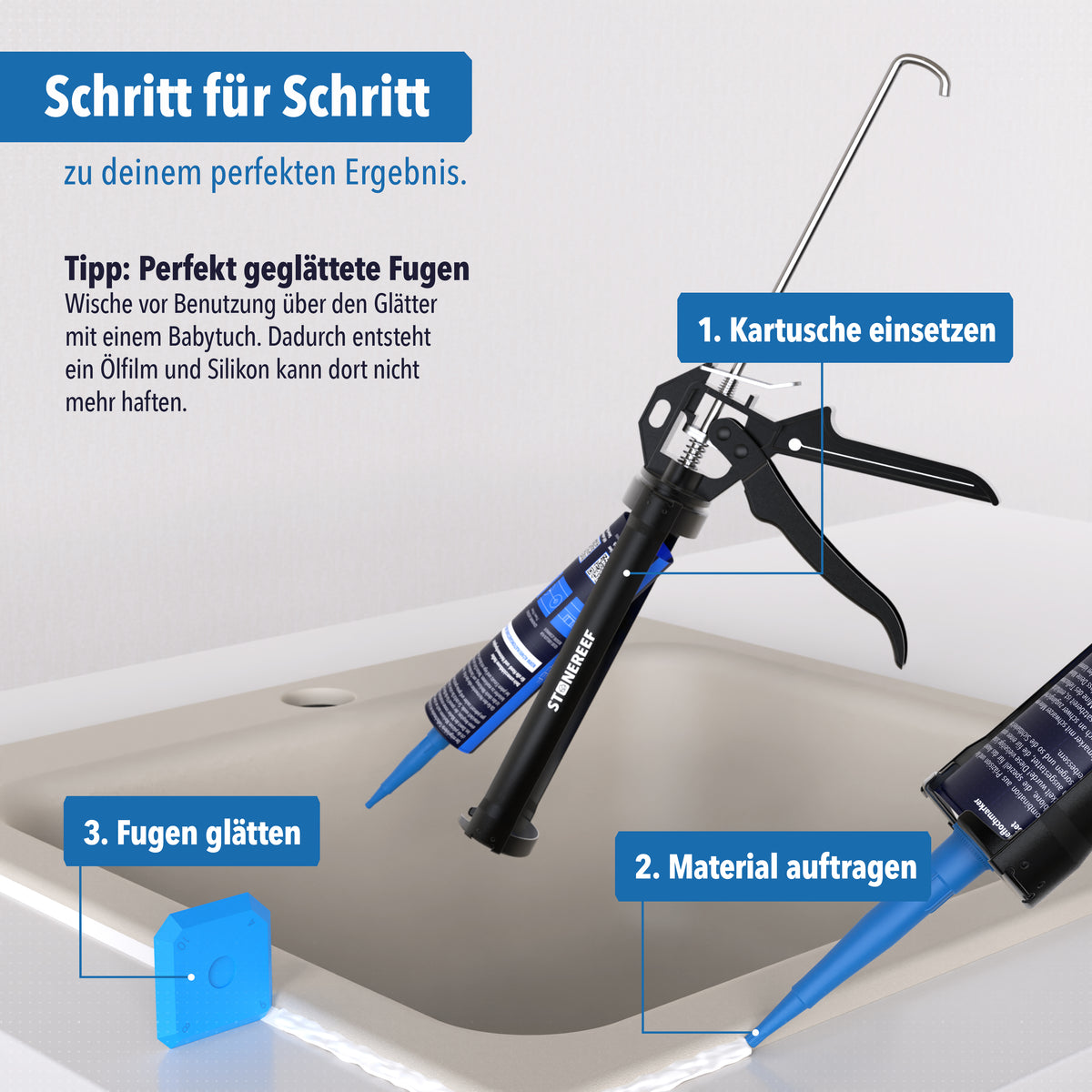 Schritt-für-Schritt-Anleitung zum Verfugen mit der Kartuschenpresse: Kartusche einsetzen, Material auftragen, Fuge glätten