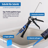 Schritt-für-Schritt-Anleitung zum Verfugen mit der Kartuschenpresse: Kartusche einsetzen, Material auftragen, Fuge glätten
