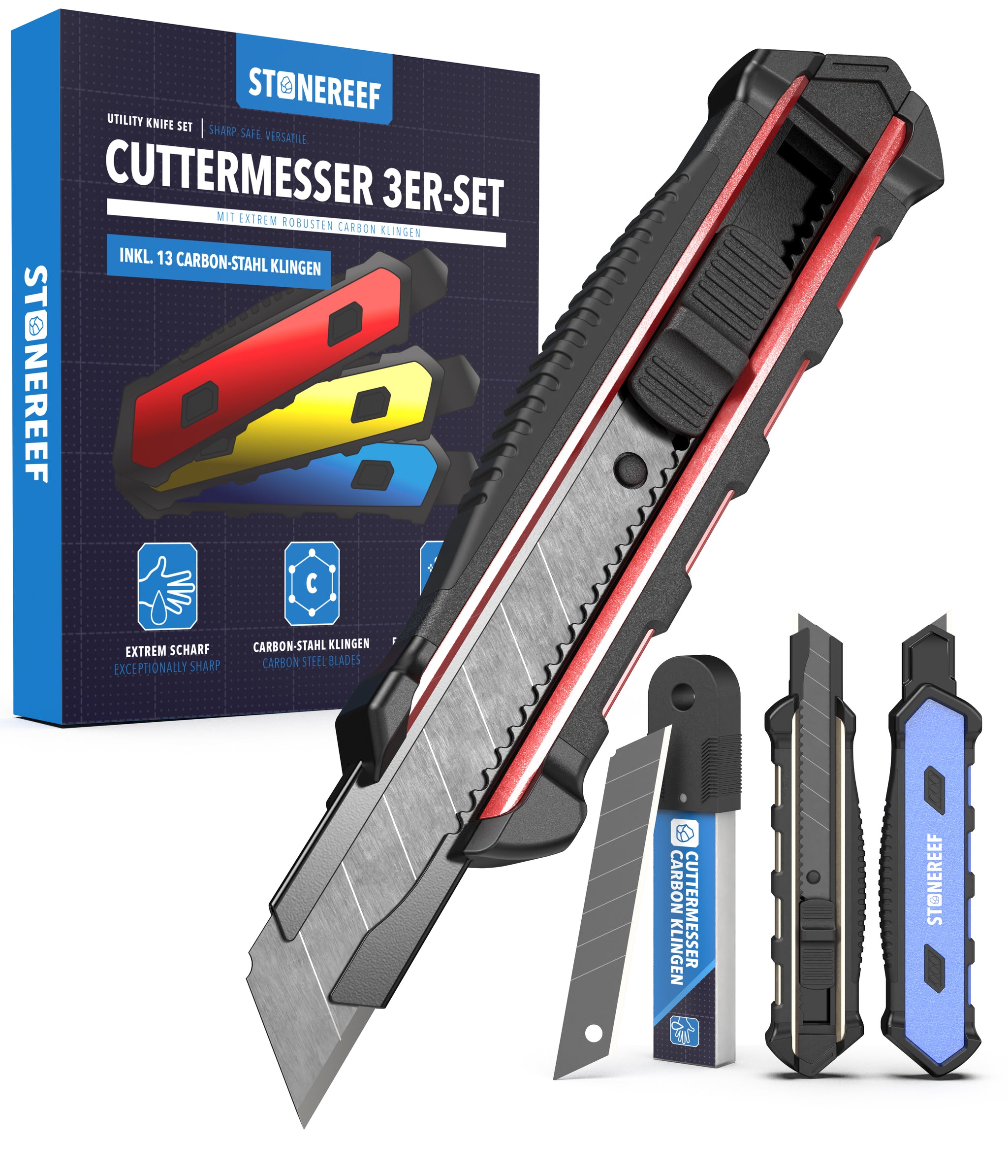 3 Cuttermesser Set für Handwerk, Rigips, Tapete & Karton