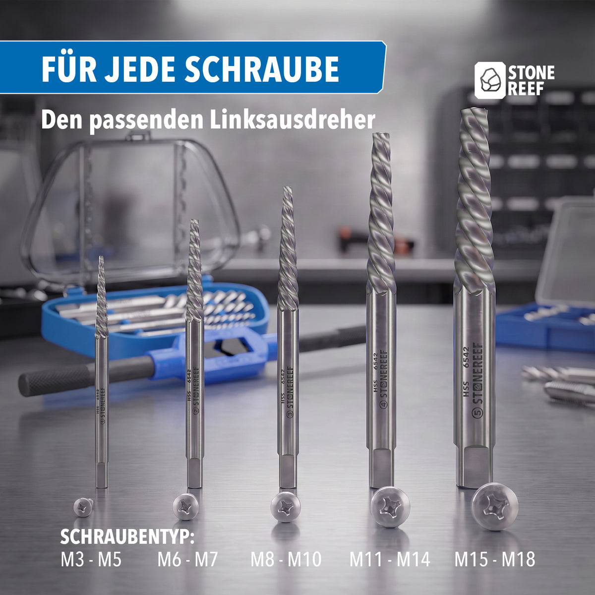 5 Schraubenausdreher in unterschiedlichen Größen für Schrauben von M3 bis M18