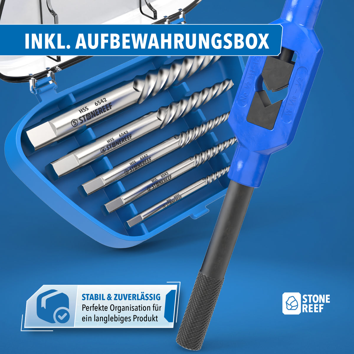 Schraubenausdreher-Set griffbereit sortiert in der mitgelieferten Aufbewahrungsbox