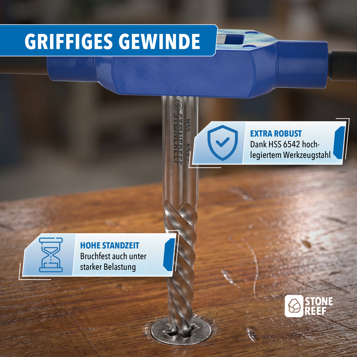 Nahaufnahme des gehärteten HSS-Gewindes für hohe Standzeit und Bruchfestigkeit