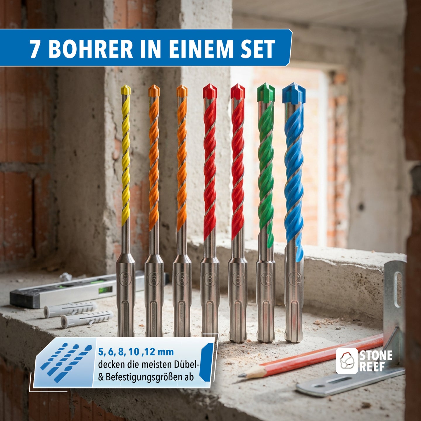 7-teiliges SDS Plus Betonbohrerset Multicolor für schnelle Größenwahl