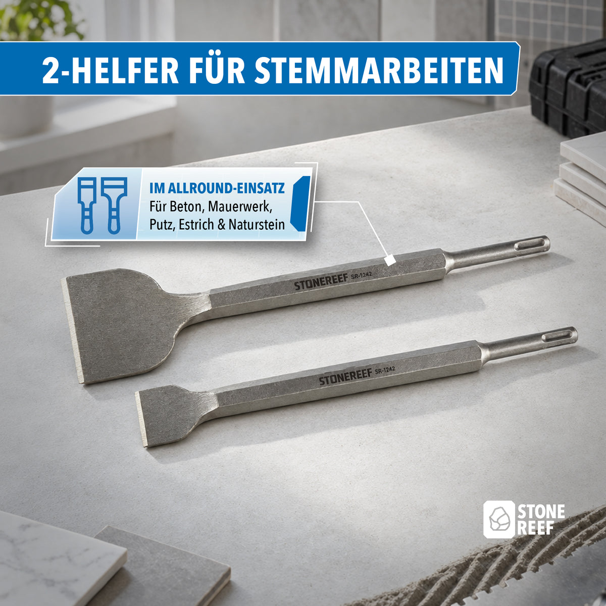 Zwei SDS-Plus Fliesenmeißel im Einsatz an Fliesen, Ziegel und Beton für Stemmarbeiten