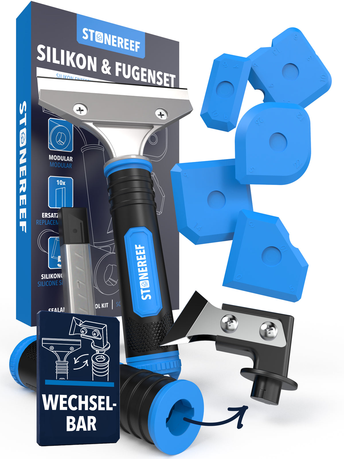 STONE REEF Silikonentferner Set 18-teilig mit Fugenmesser, Flachschaber und Fugenglättern