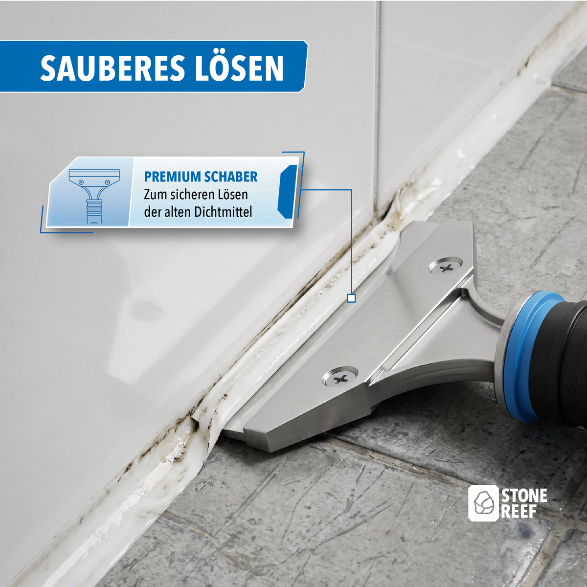 Fugenmesser-Aufsatz zum Herauslösen alter Silikonfugen an Dusche, Wanne und Fliesen