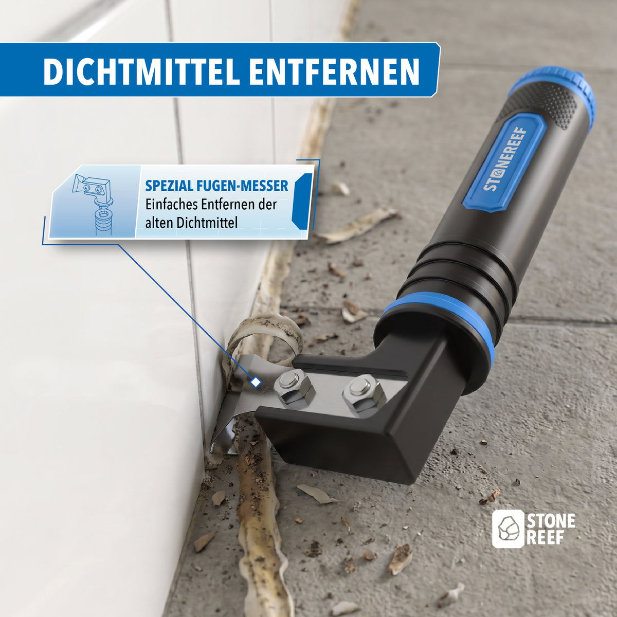 Flachschaber-Aufsatz entfernt Mörtel-, Farb- und Kalkreste von Fliesen und Glas