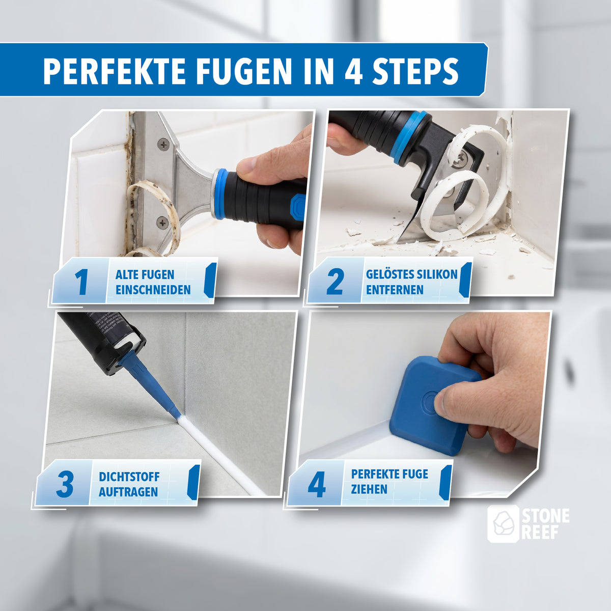 Anwendung des Fugenmessers beim Entfernen alter Dichtmasse im Badezimmer