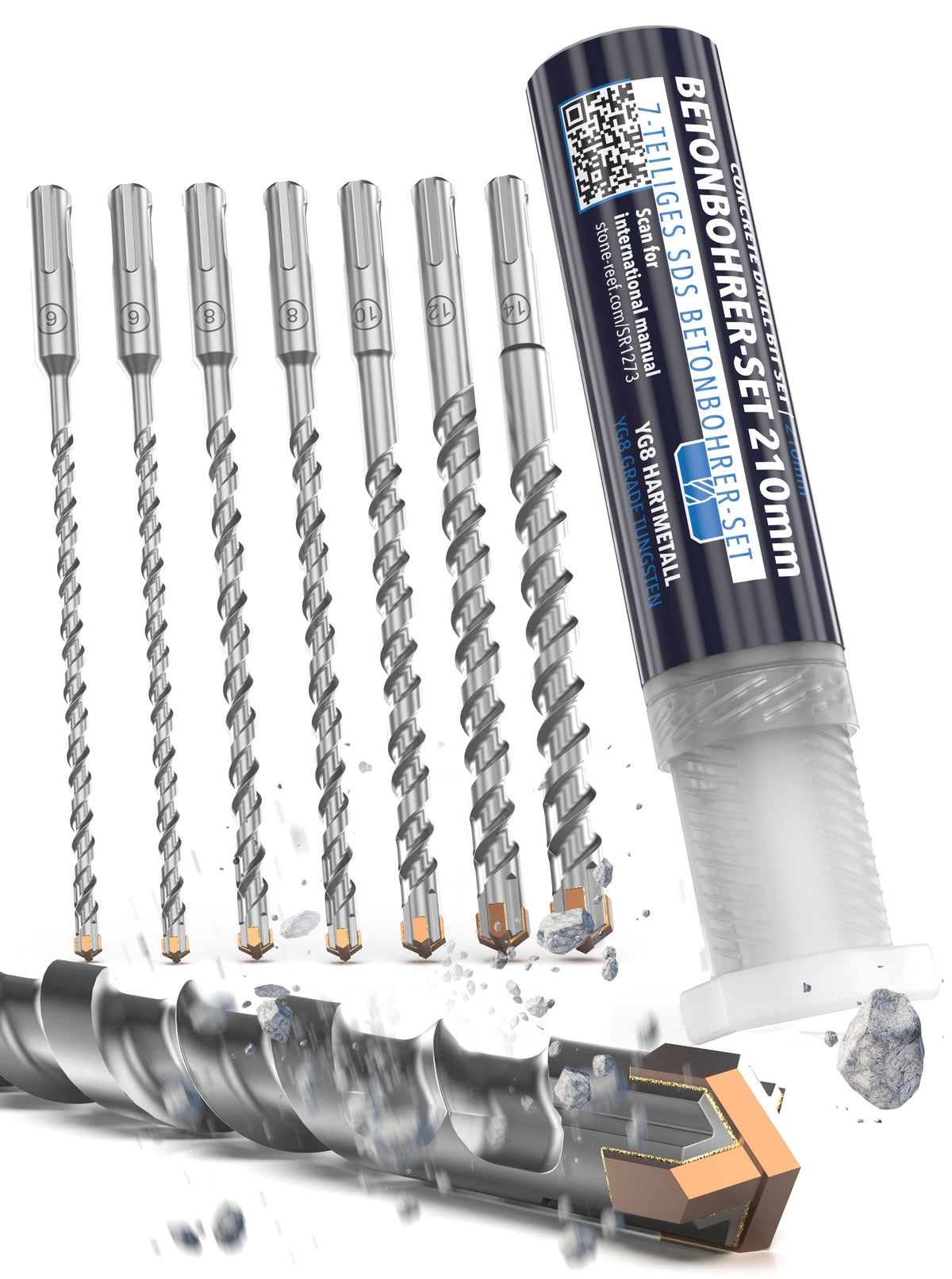 7-tlg. SDS Steinbohrer Set 6–14 mm – Länge 210 mm für präzise Bohrergebnisse
