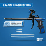 Nahaufnahme des Dosiersystems der Schaumpistole mit Verlängerungsröhrchen vor blauem Hintergrund.