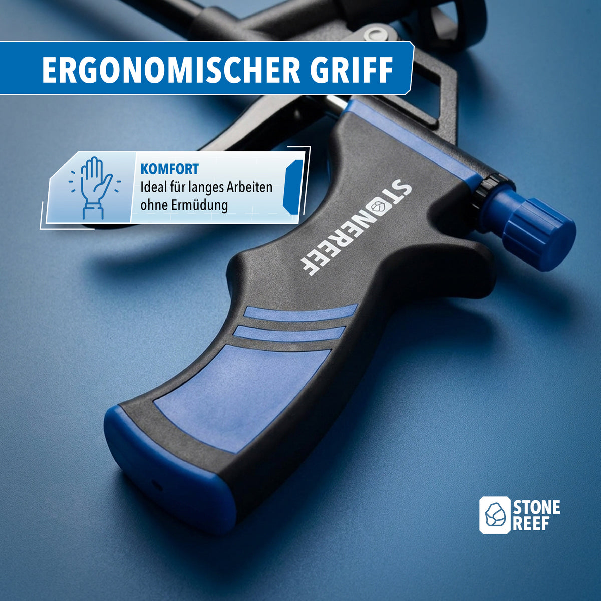 Nahaufnahme des ergonomischen, blau-schwarzen Pistolengriffs mit STONEREEF-Schriftzug.
