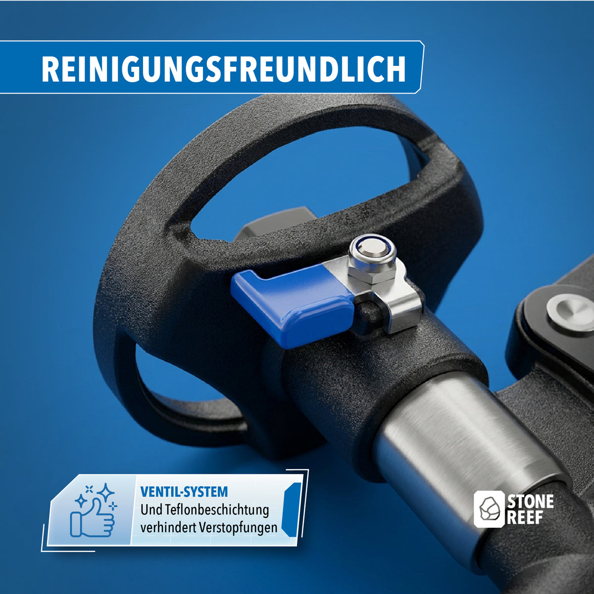 Nahaufnahme des Ventilkopfs mit Teflonbeschichtung zum leichten Reinigen der Pistole.
