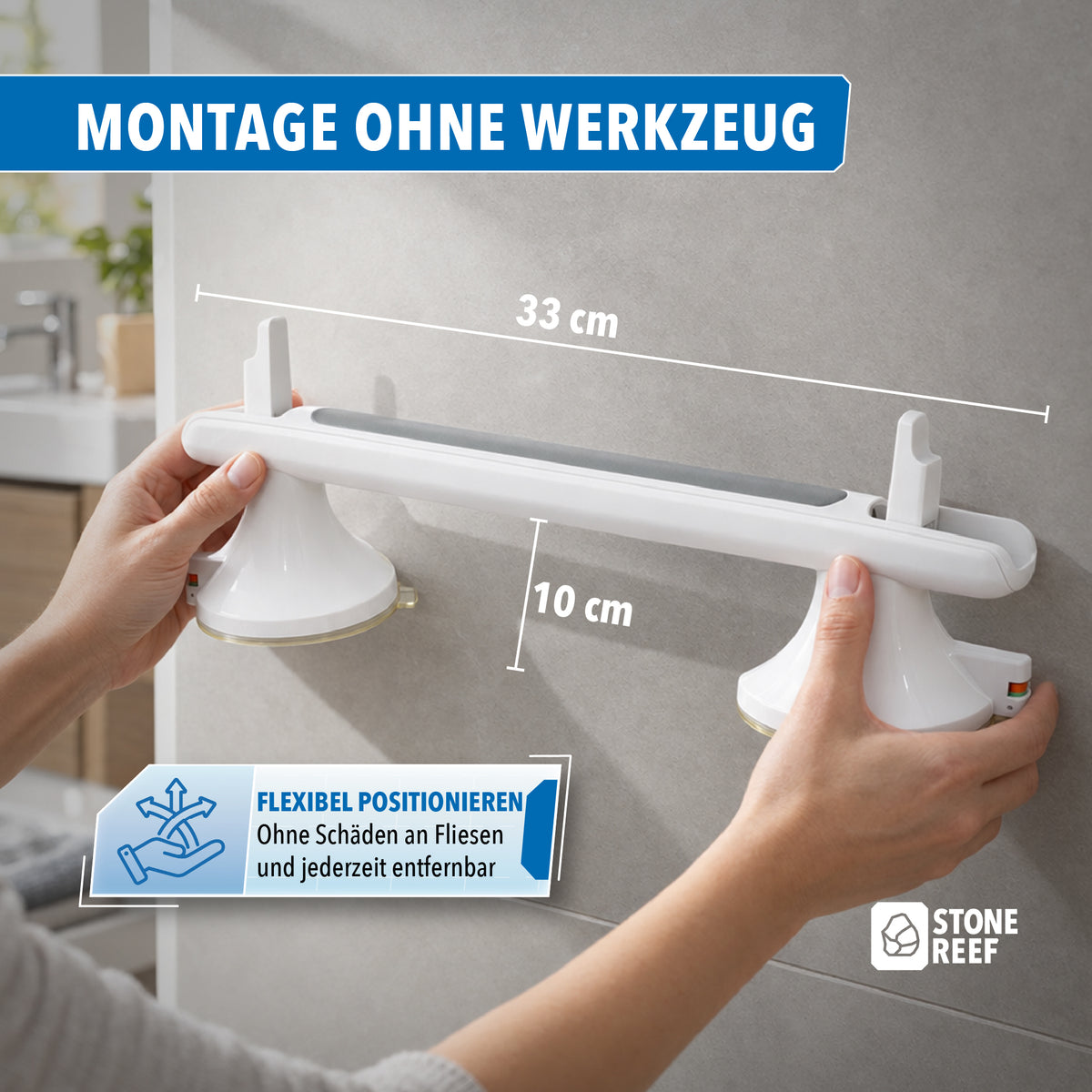 Montage des Haltegriffs mit Saugnäpfen ohne Werkzeug an der Fliesenwand, 33 cm Länge