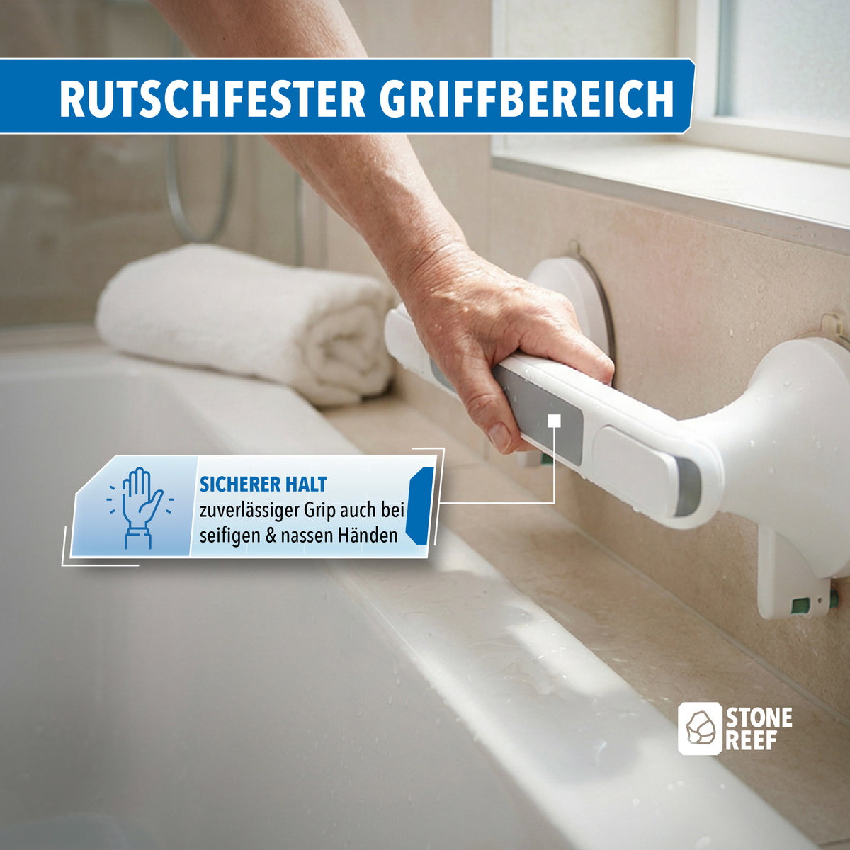 Rutschfester Griffbereich des Haltegriffs sorgt für sicheren Halt in Dusche und Badewanne