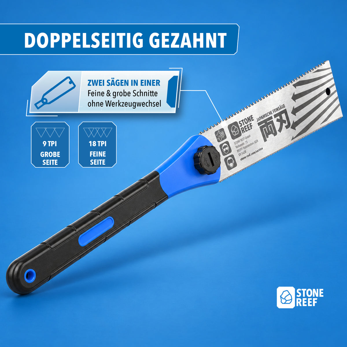 Nahaufnahme des doppelseitigen Sägeblatts mit grober 9-TPI- und feiner 18-TPI-Verzahnung