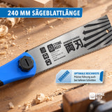 240 mm lange Japansäge auf Werkbank mit Holzspänen für präzise Sägeführung