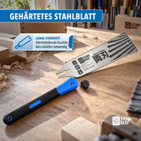 Nahaufnahme des gehärteten Stahlsägeblatts mit STONE REEF Gravur für lange Standzeit