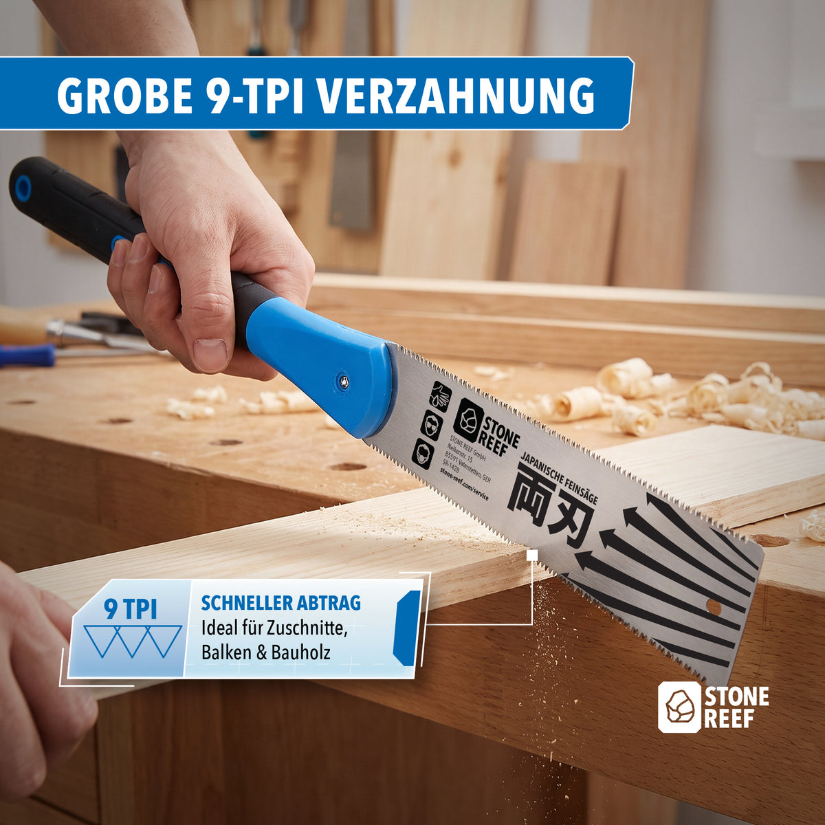 Anwendung der groben Verzahnung beim Ablängen eines Holzbalkens für schnellen Abtrag