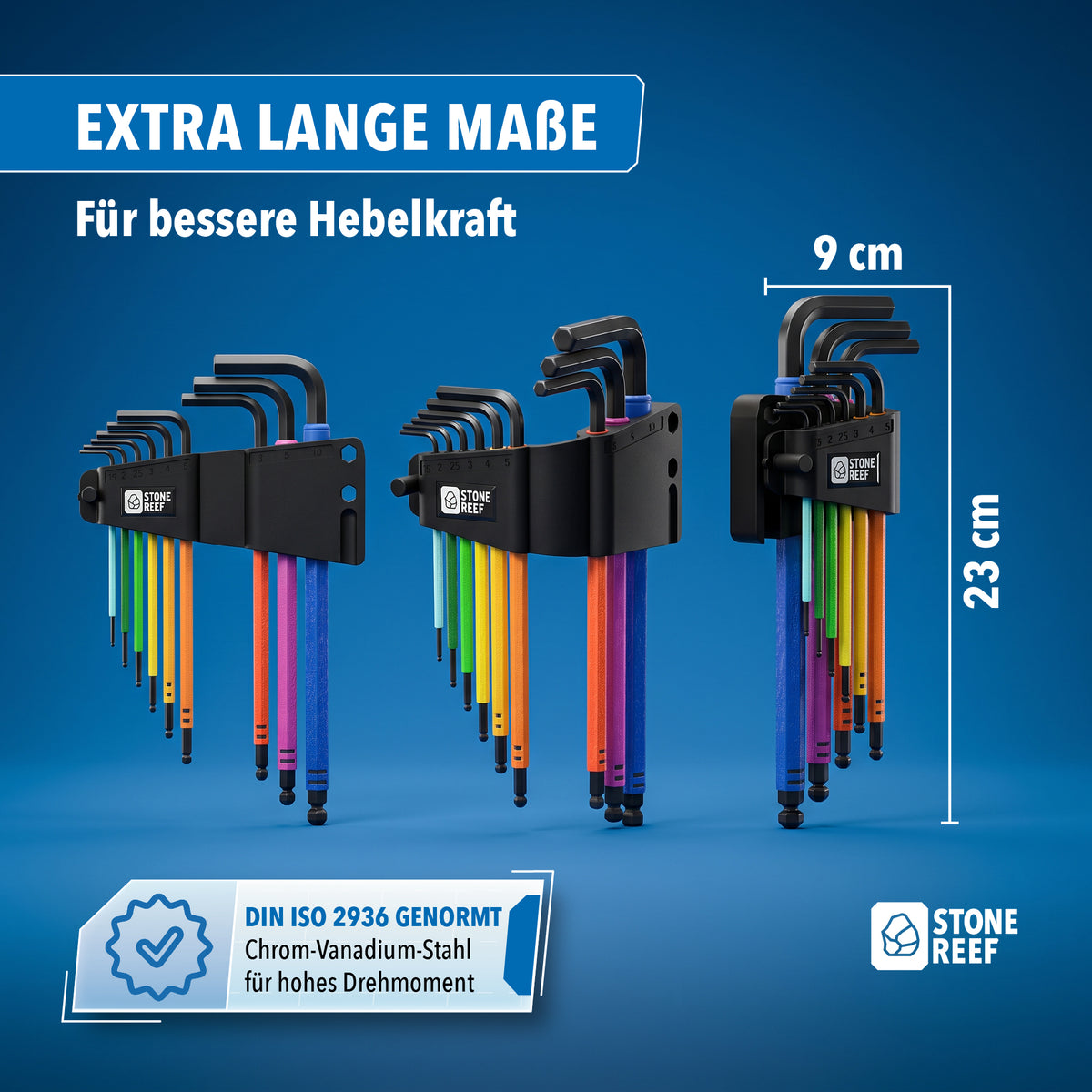 Vergleich der Schlüssellängen: 23 cm für mehr Hebelkraft bei Schraubarbeiten