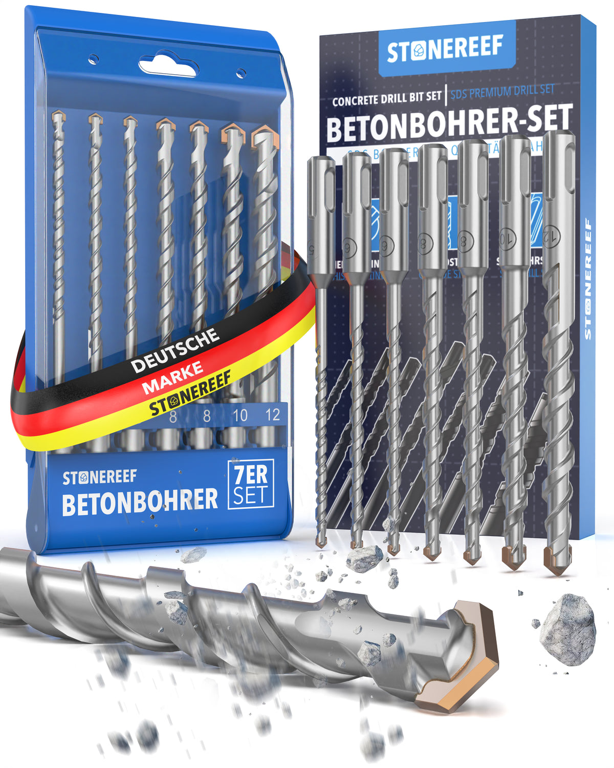 7-teiliges SDS-Plus-Betonbohrer-Set mit Hartmetallschneide in Kassette und Verpackung