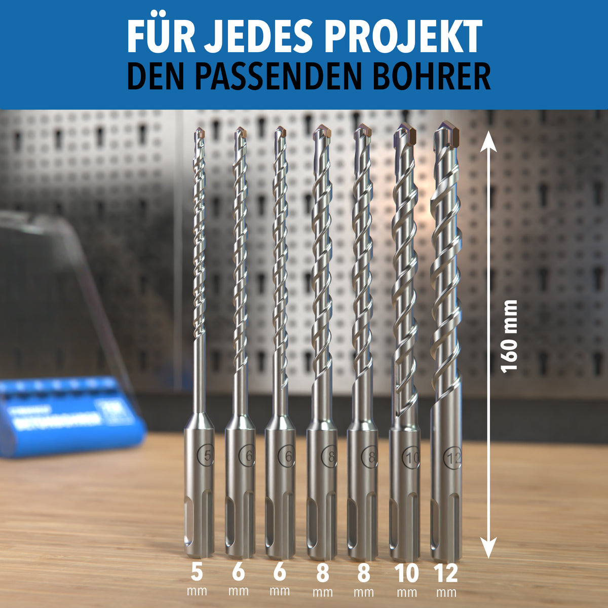 Sieben SDS-Plus-Betonbohrer von 5 bis 12 mm, 160 mm lang, nebeneinander aufgestellt