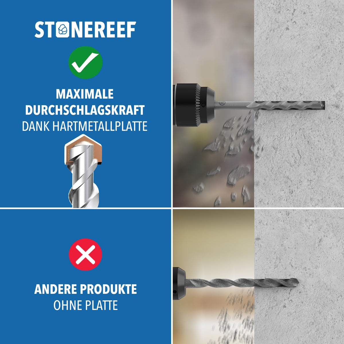 Vergleich beim Bohren in Beton: Bohrer mit Hartmetallplatte gegenüber Bohrer ohne Platte