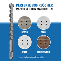 Betonbohrer neben Materialproben aus Beton, Stein, Putz und Mauerwerk