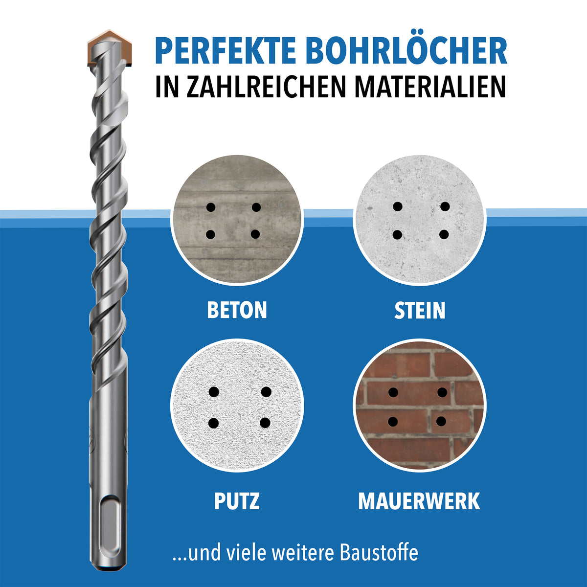 Betonbohrer neben Materialproben aus Beton, Stein, Putz und Mauerwerk