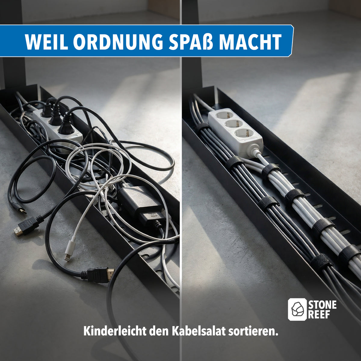 Kabelbinder im Einsatz: ordentlich gebündelte Kabel am Schreibtisch mit STONE REEF Klettband