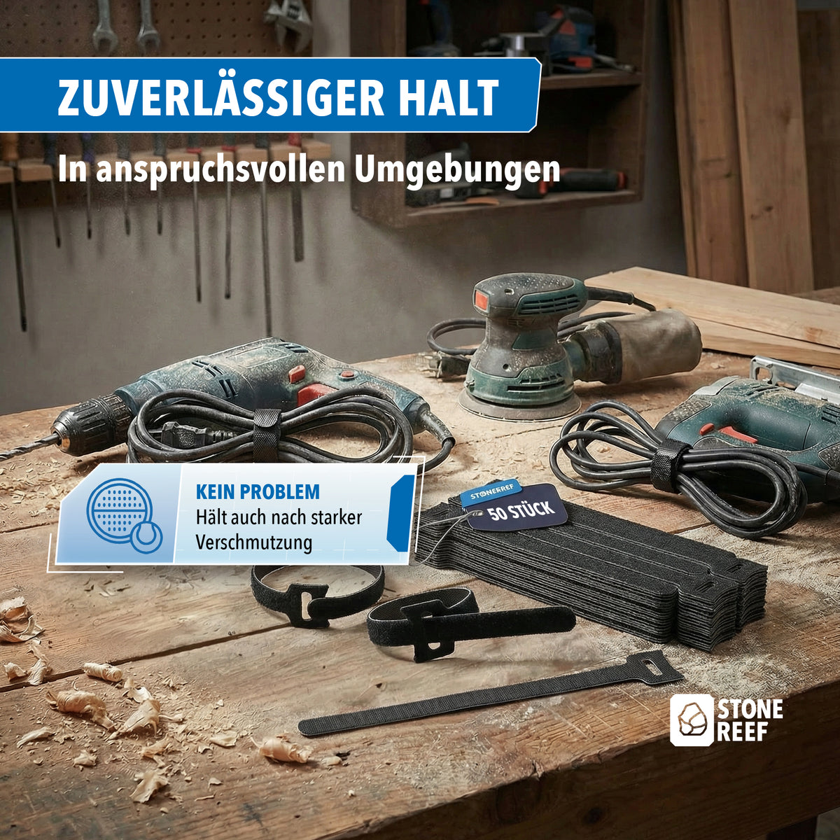 Lieferumfang 50er-Set STONE REEF Klett-Kabelbinder zur Kabelorganisation
