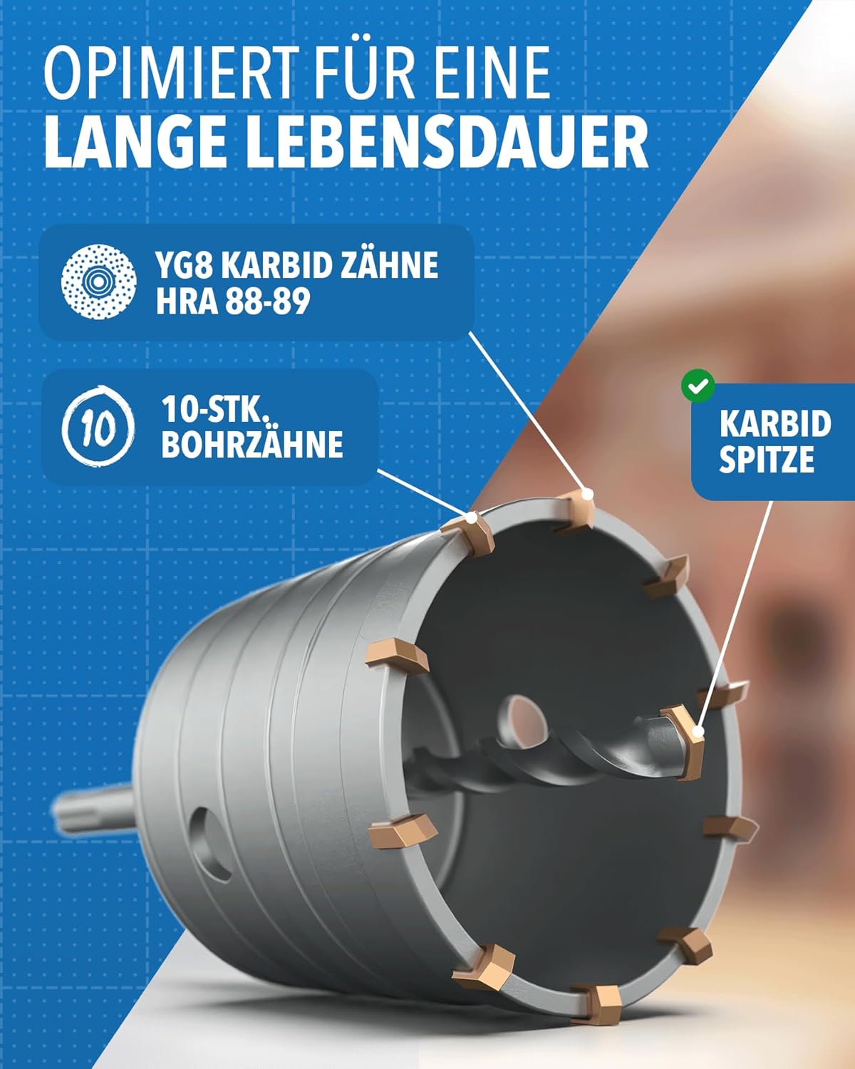 Hartmetallzähne der Bohrkrone im Detail – STONE REEF