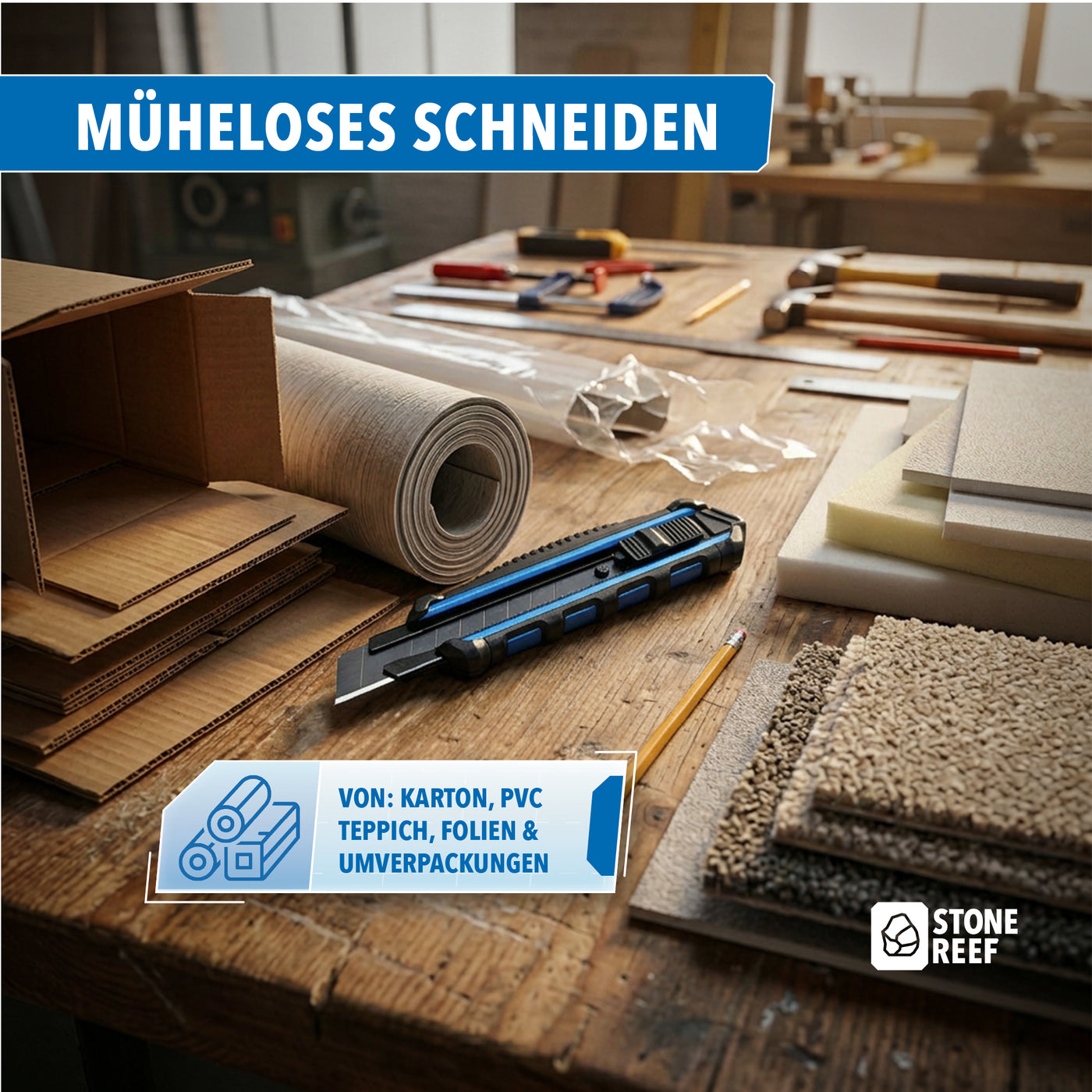 Cuttermesser beim Öffnen von Karton – STONE REEF
