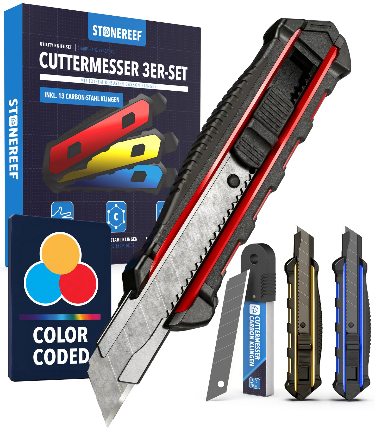 3 Cuttermesser Set für Handwerk, Rigips, Tapete & Karton – STONE REEF