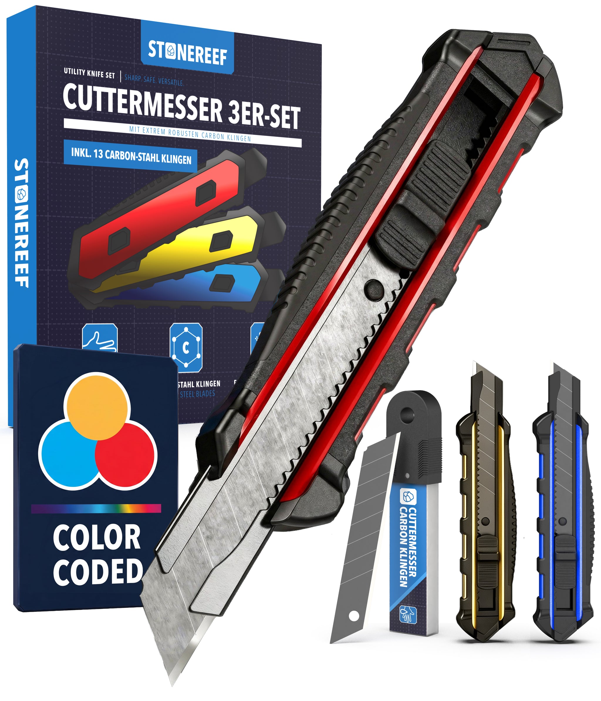 3 Cuttermesser Set für Handwerk, Rigips, Tapete & Karton – STONE REEF