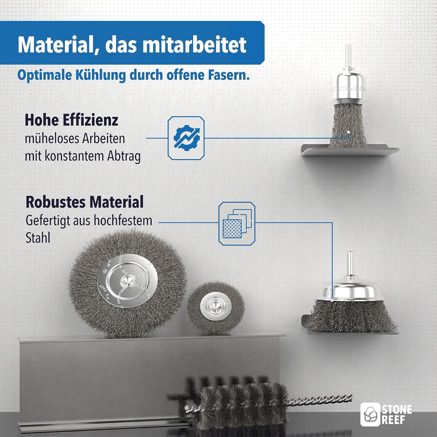 Lieferumfang des 5er-Sets mit allen Drahtbürsten im Überblick – STONE REEF