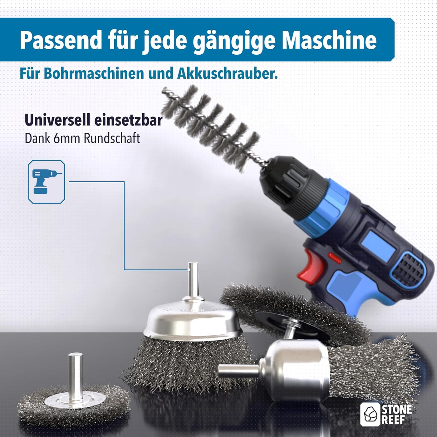 Montage einer Drahtbürste an der Bohrmaschine – STONE REEF