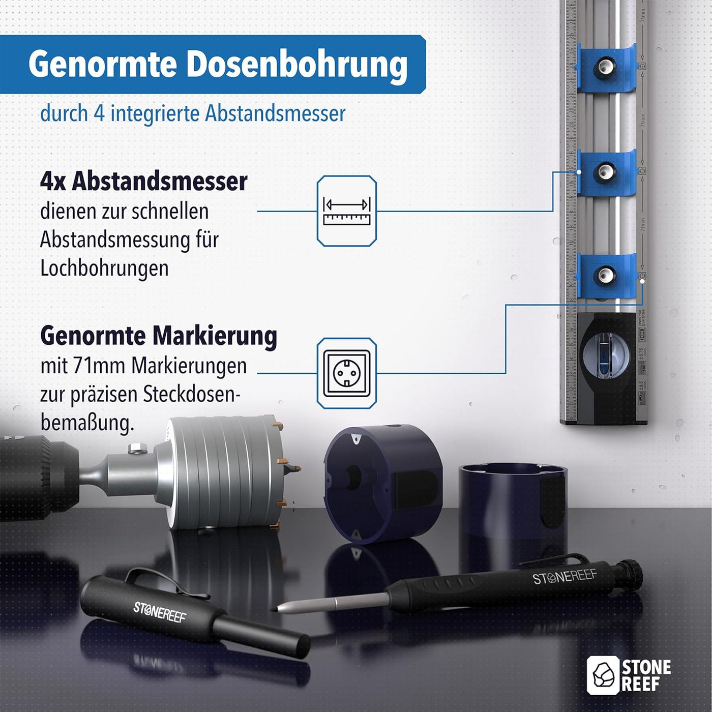 Maße und Abmessungen der Elektriker-Wasserwaage – STONE REEF