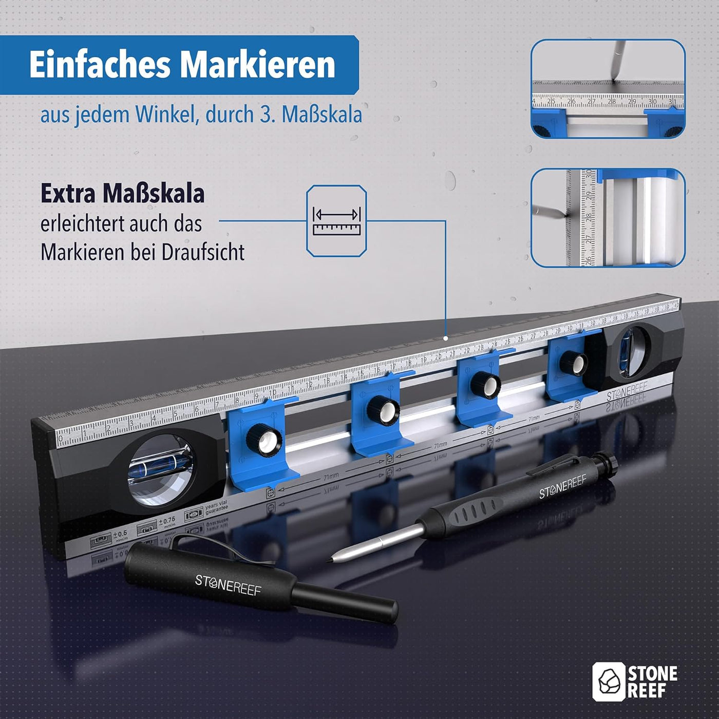 Nahaufnahme der Libelle und Verarbeitung der Elektriker-Wasserwaage – STONE REEF
