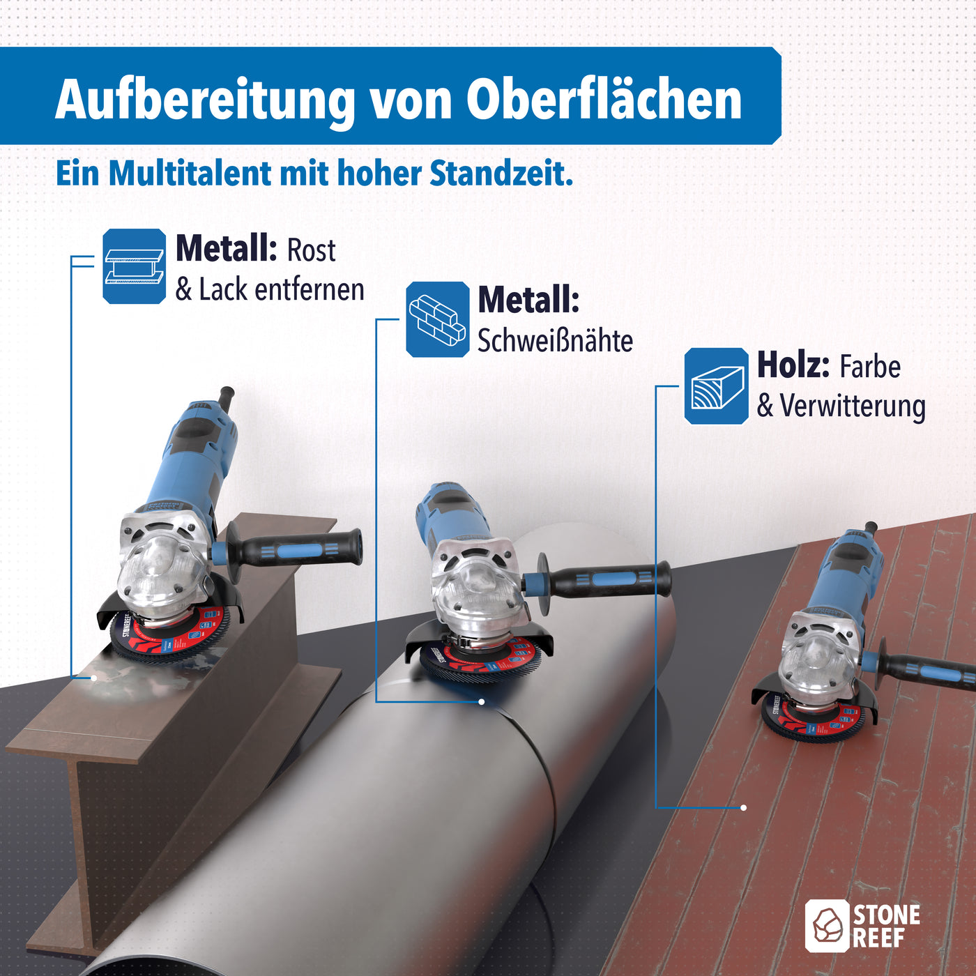 Detailansicht der Fächerschleifscheibe beim Metallschleifen – STONE REEF