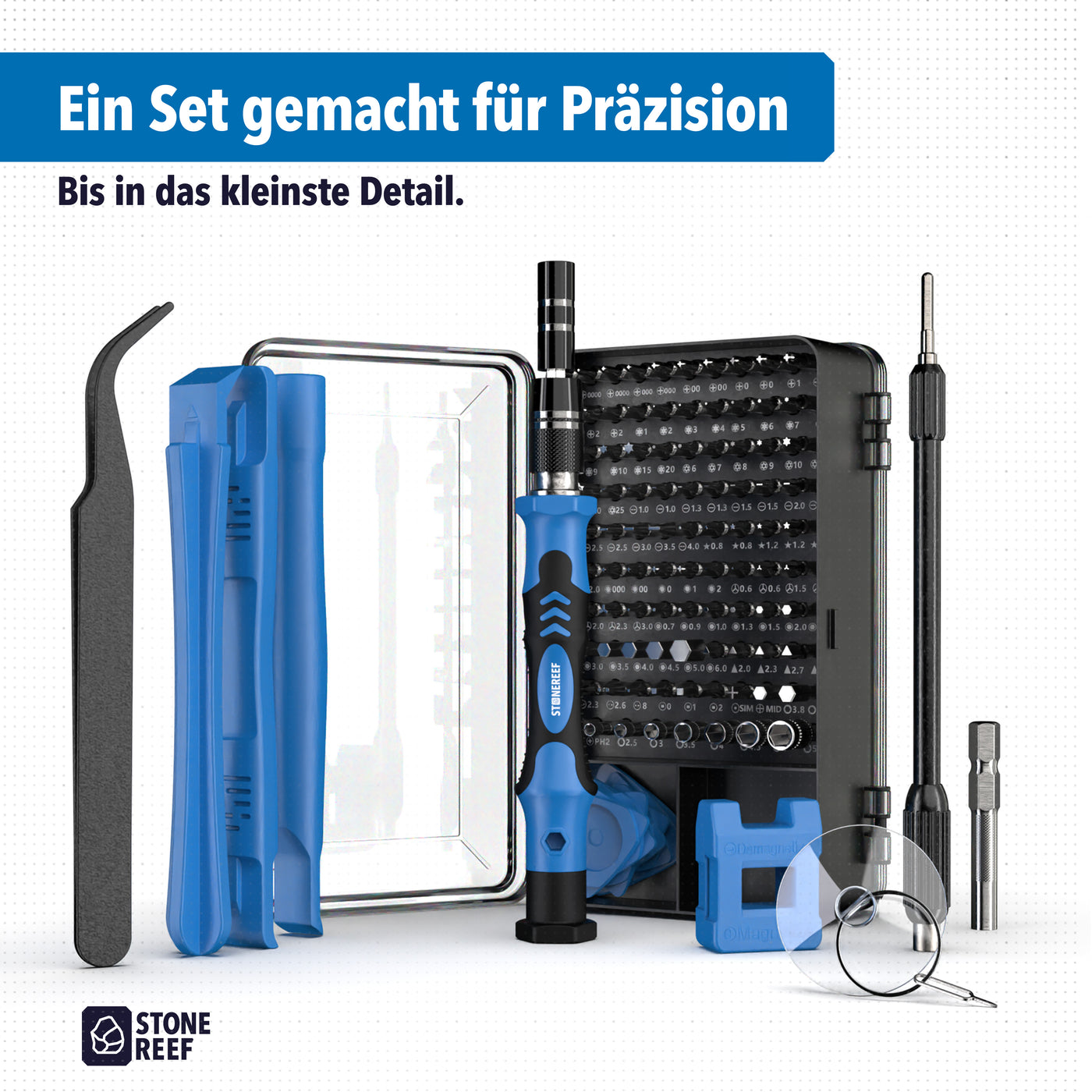 Nahaufnahme der Präzisionsspitzen des Feinmechaniker Sets – STONE REEF