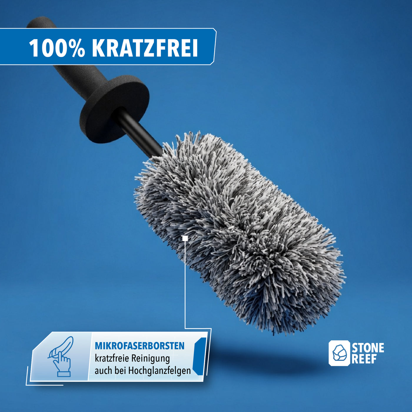 Felgenbürste mit langem, ergonomischem Griff im Detail – STONE REEF