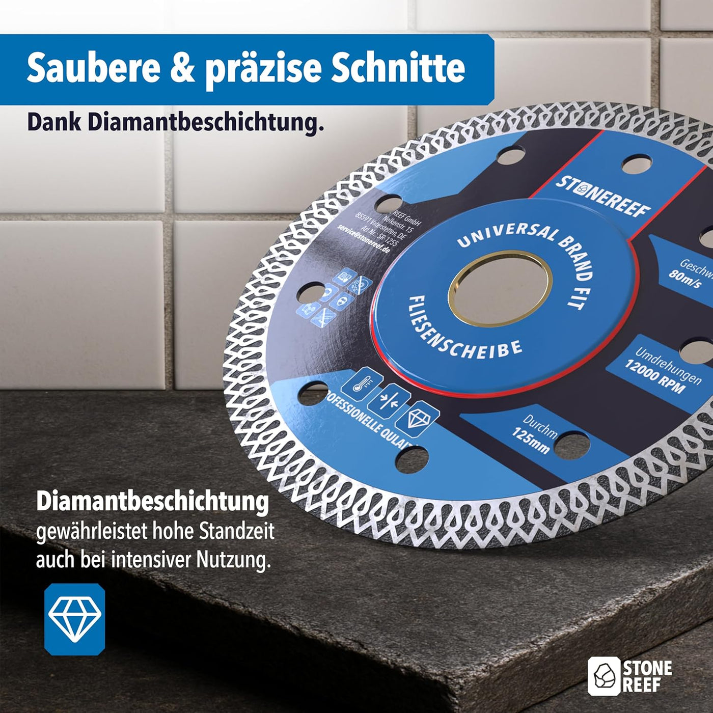 Nahaufnahme der Diamantbeschichtung der Fliesenscheibe 125mm – STONE REEF