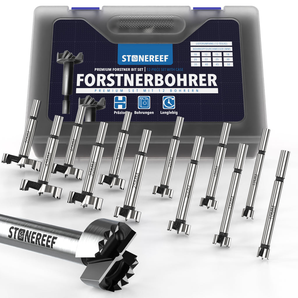 12-teiliges STONE REEF Forstnerbohrer-Set von 10 bis 50 mm vor dem Aufbewahrungskoffer