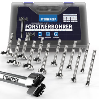 12-teiliges STONE REEF Forstnerbohrer-Set von 10 bis 50 mm vor dem Aufbewahrungskoffer